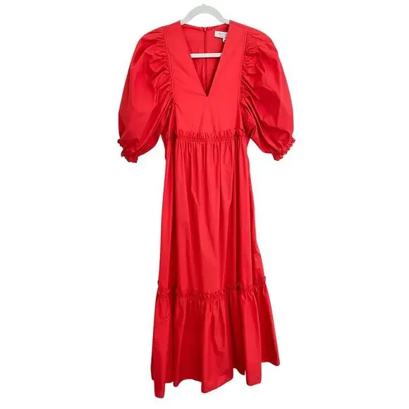 Hunter Bell Palmer Midi Maxi Puff Sleeve Ruffle Dress Cherry Red Tuckernuck - Picture 8 of 11